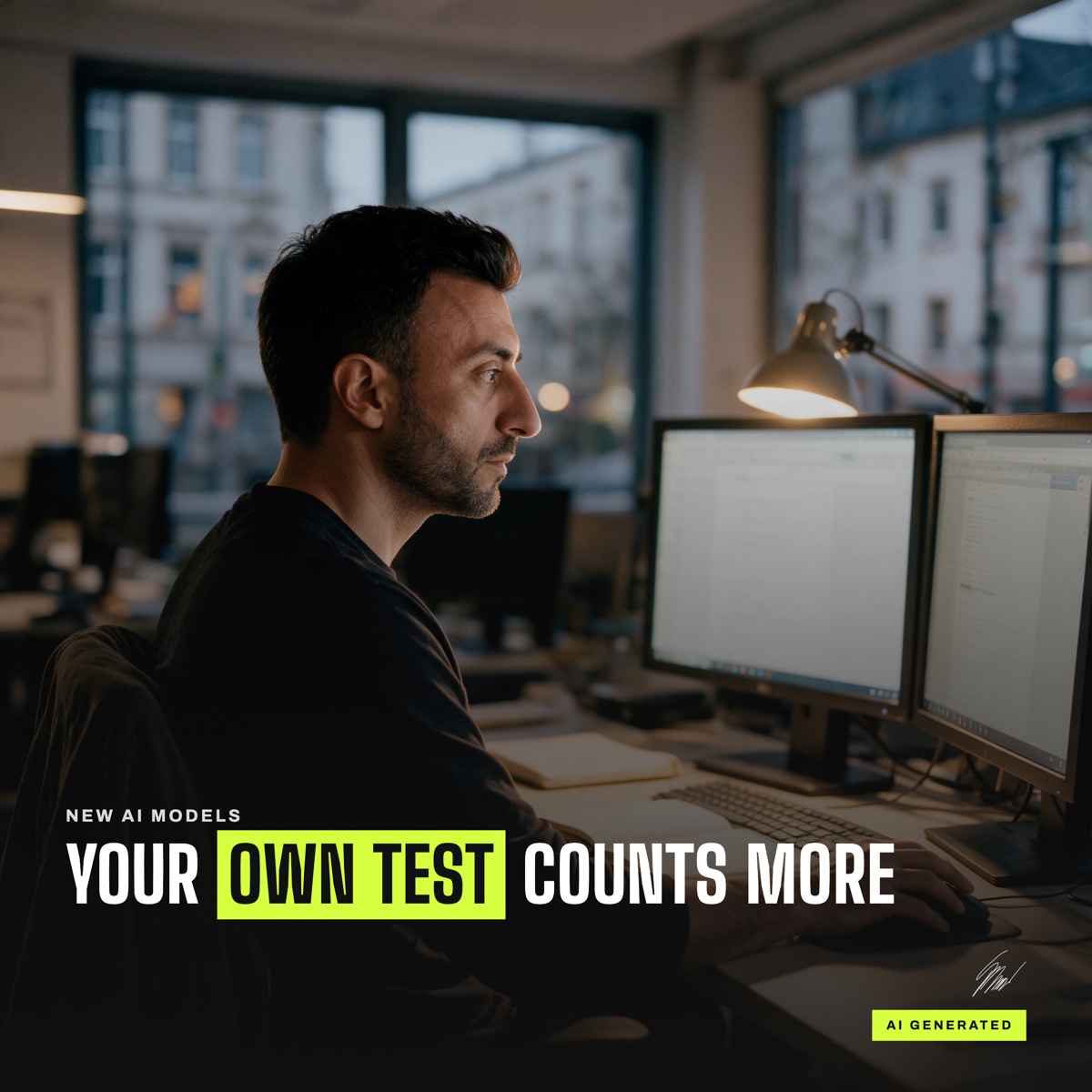 Kemal Duran, alone in the office, above him the line YOUR OWN TEST COUNTS MORE
