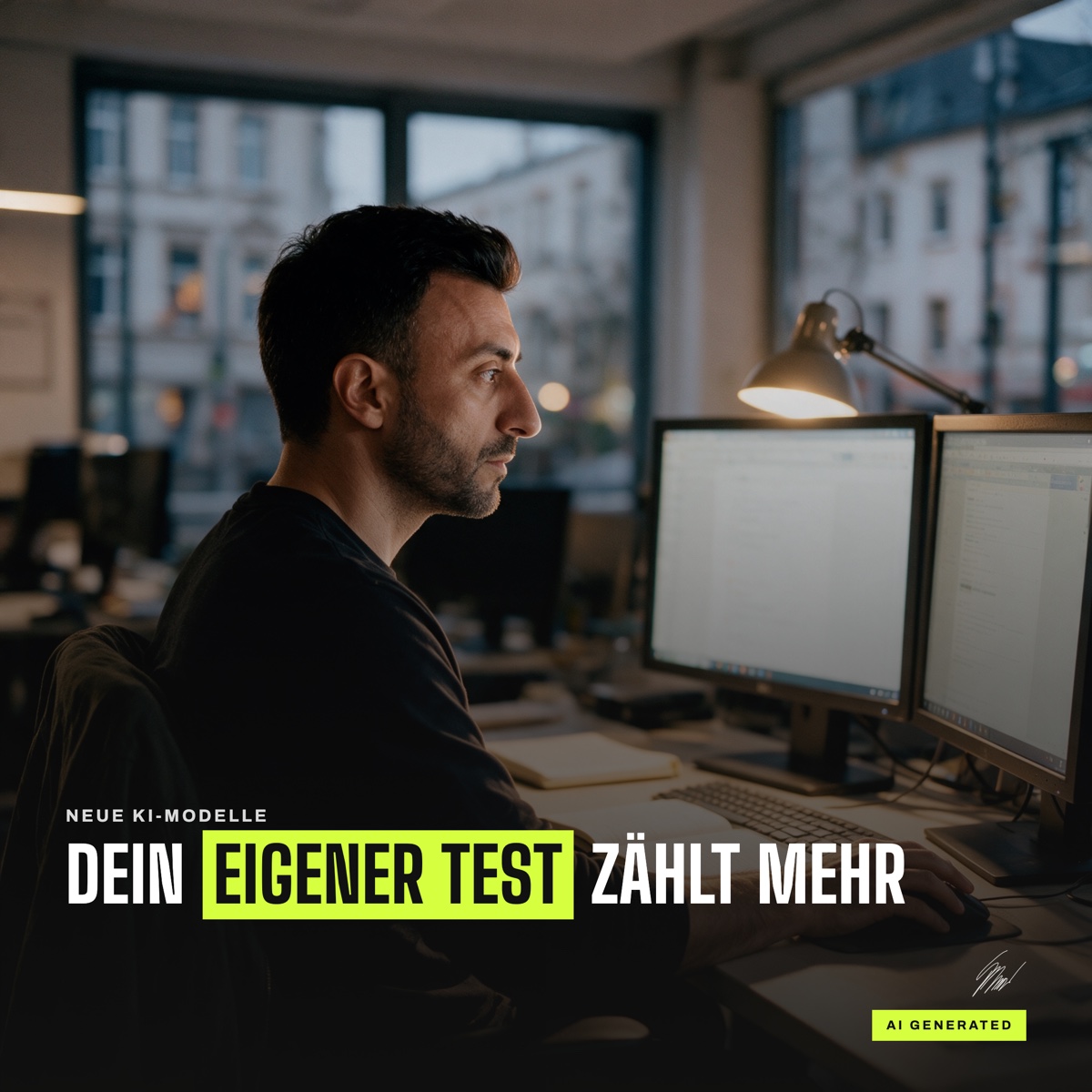 Kemal Duran, buero allein, darüber die Zeile DEIN EIGENER TEST ZÄHLT MEHR