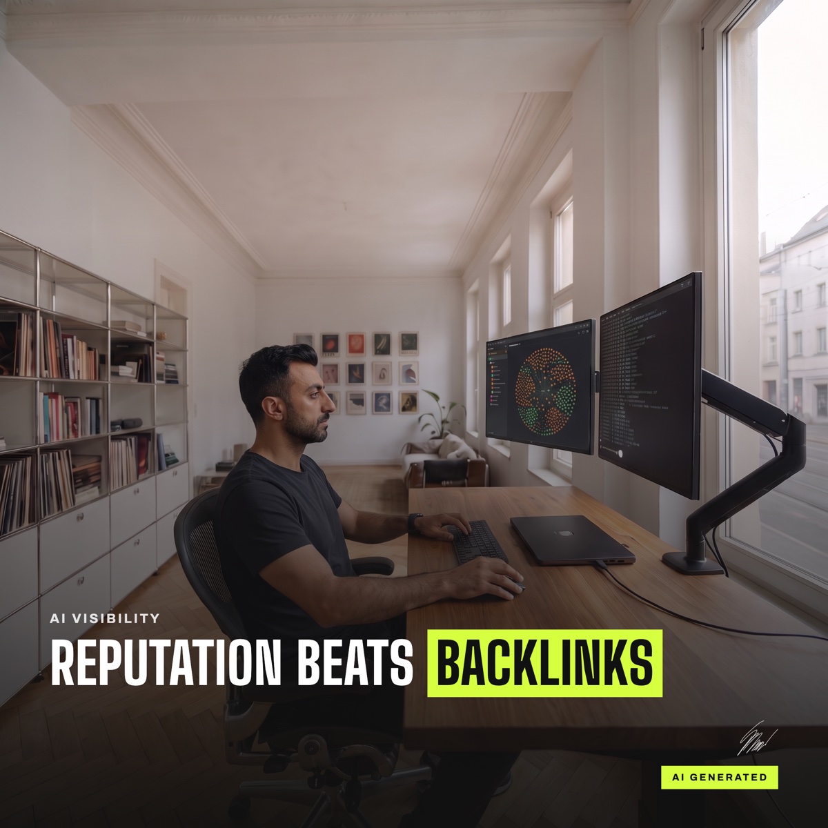 Kemal Duran at a desk in front of two monitors, above them the line Reputation beats backlinks