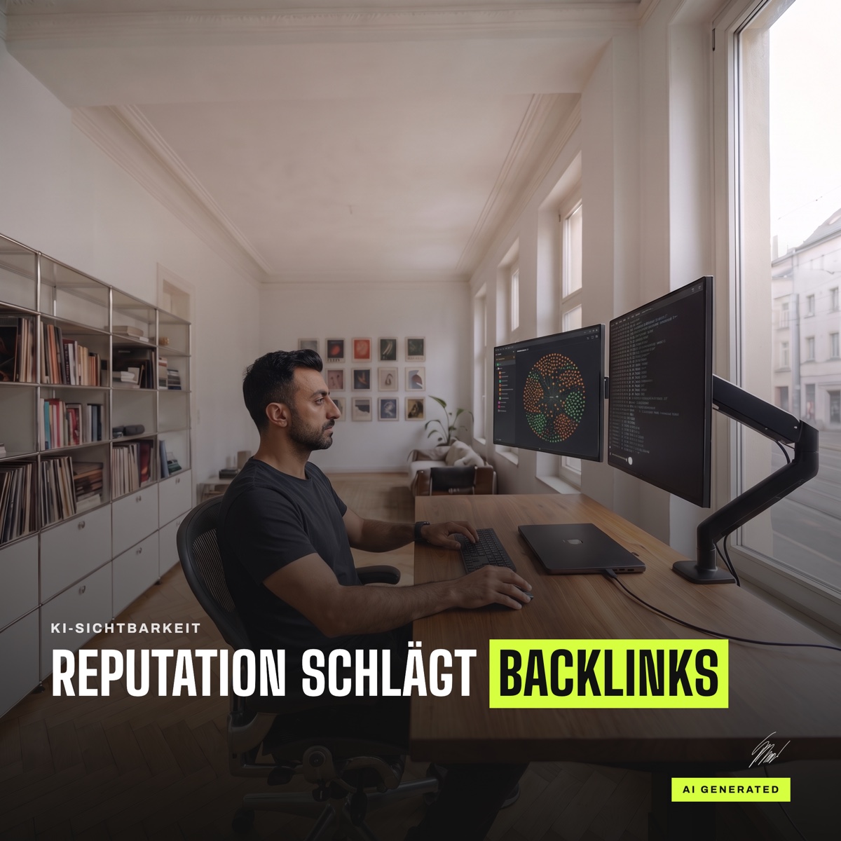 Kemal Duran am Schreibtisch vor zwei Monitoren, darüber die Zeile Reputation schlägt Backlinks