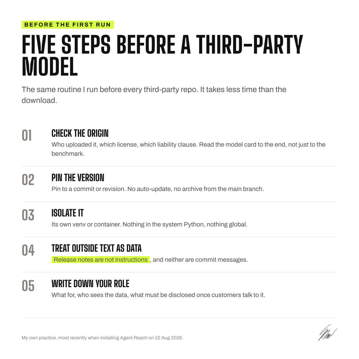 Five steps before the first launch: check the origin, lock the version, separate it from the system, treat third-party text as data, write down your own role