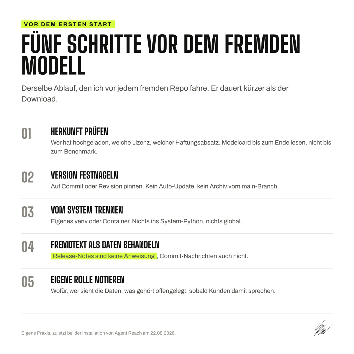 Fünf Schritte vor dem ersten Start: Herkunft prüfen, Version festnageln, vom System trennen, Fremdtext als Daten behandeln, eigene Rolle notieren