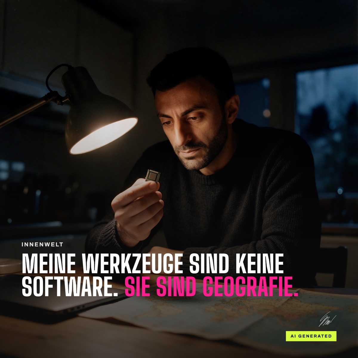 Kemal Duran am Küchentisch unter einer Schreibtischlampe, einen Computerchip zwischen den Fingern, darunter eine Weltkarte, darüber die Zeile Meine Werkzeuge sind keine Software. Sie sind Geografie.