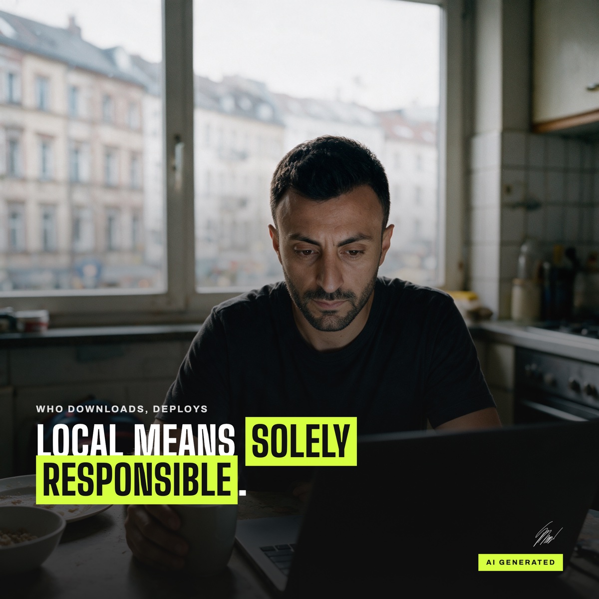 Kemal Duran at the kitchen table in front of a MacBook, coffee mug in hand, above it the line Local means solely responsible