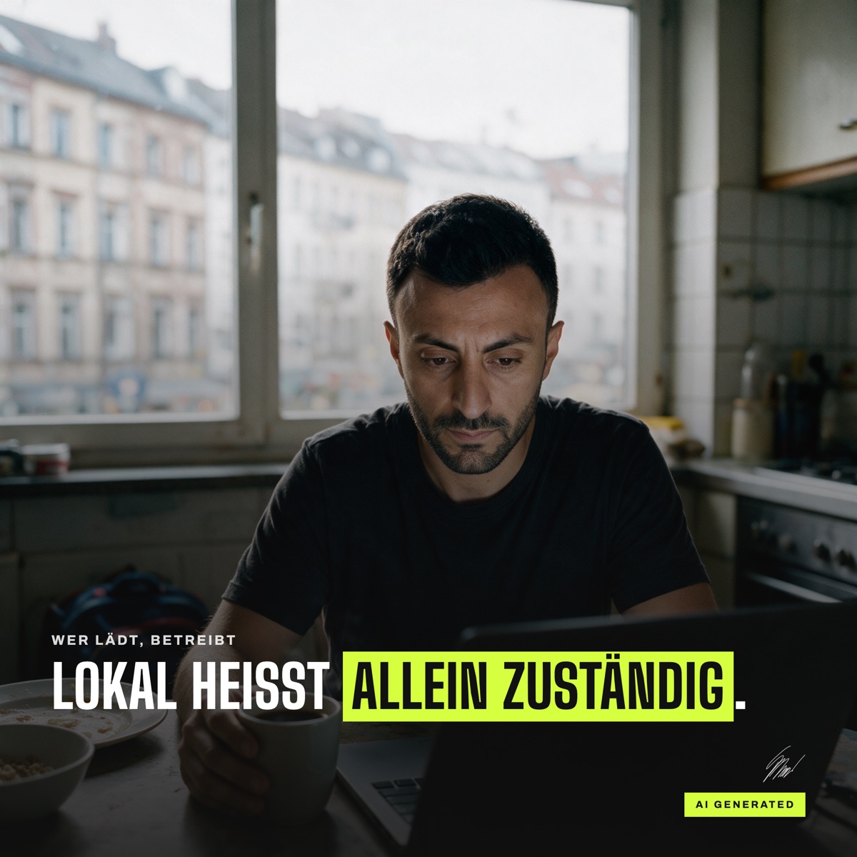 Kemal Duran am Küchentisch vor einem MacBook, Kaffeetasse in der Hand, darüber die Zeile Lokal heißt allein zuständig