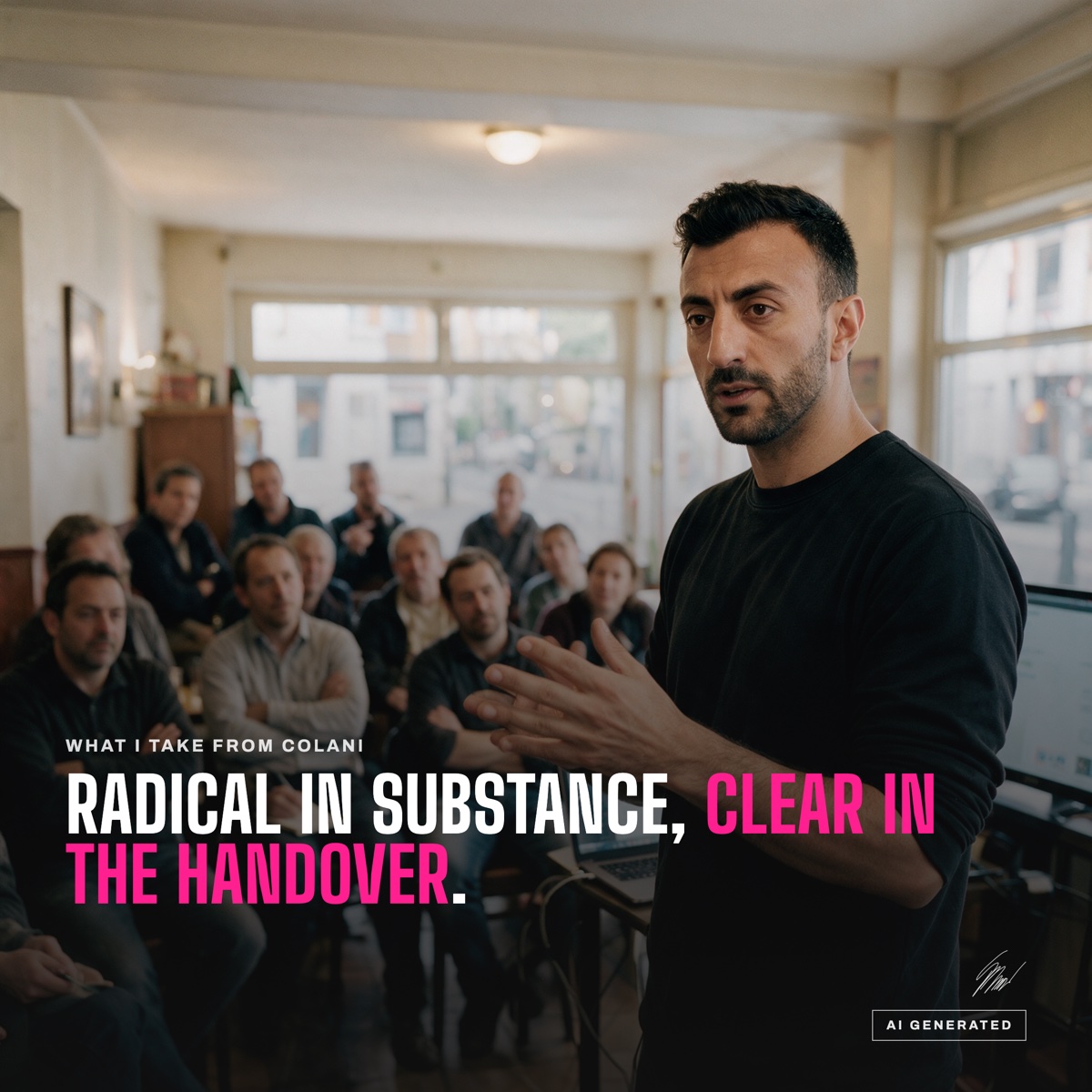 Kemal Duran explaining something to a small group, above it the line Radical in substance, clear in the handover