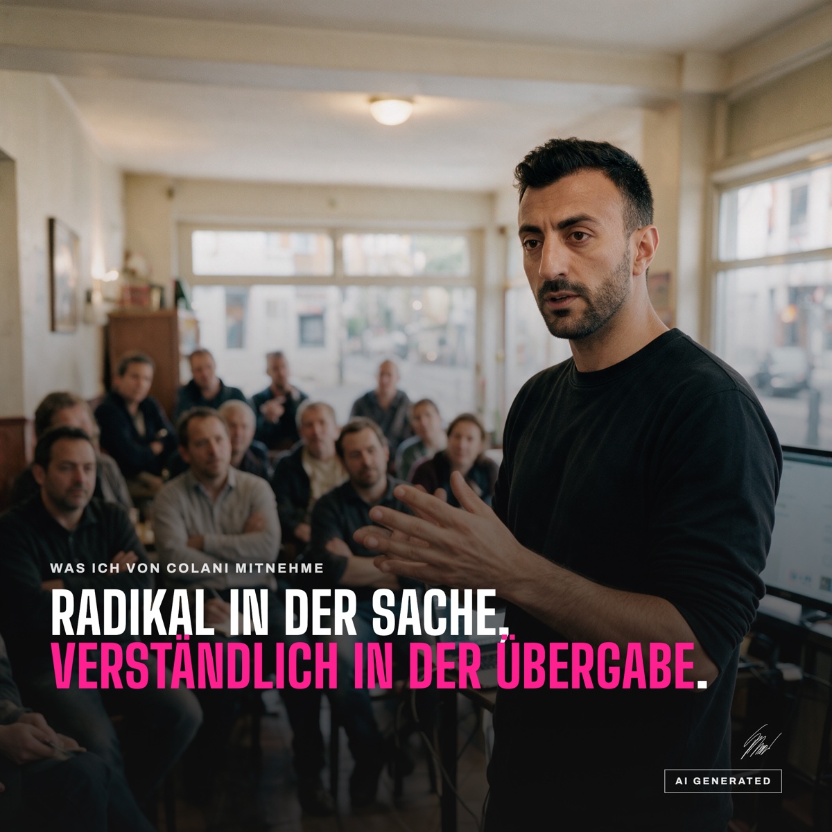 Kemal Duran erklärt vor einer kleinen Runde, darüber die Zeile Radikal in der Sache, verständlich in der Übergabe