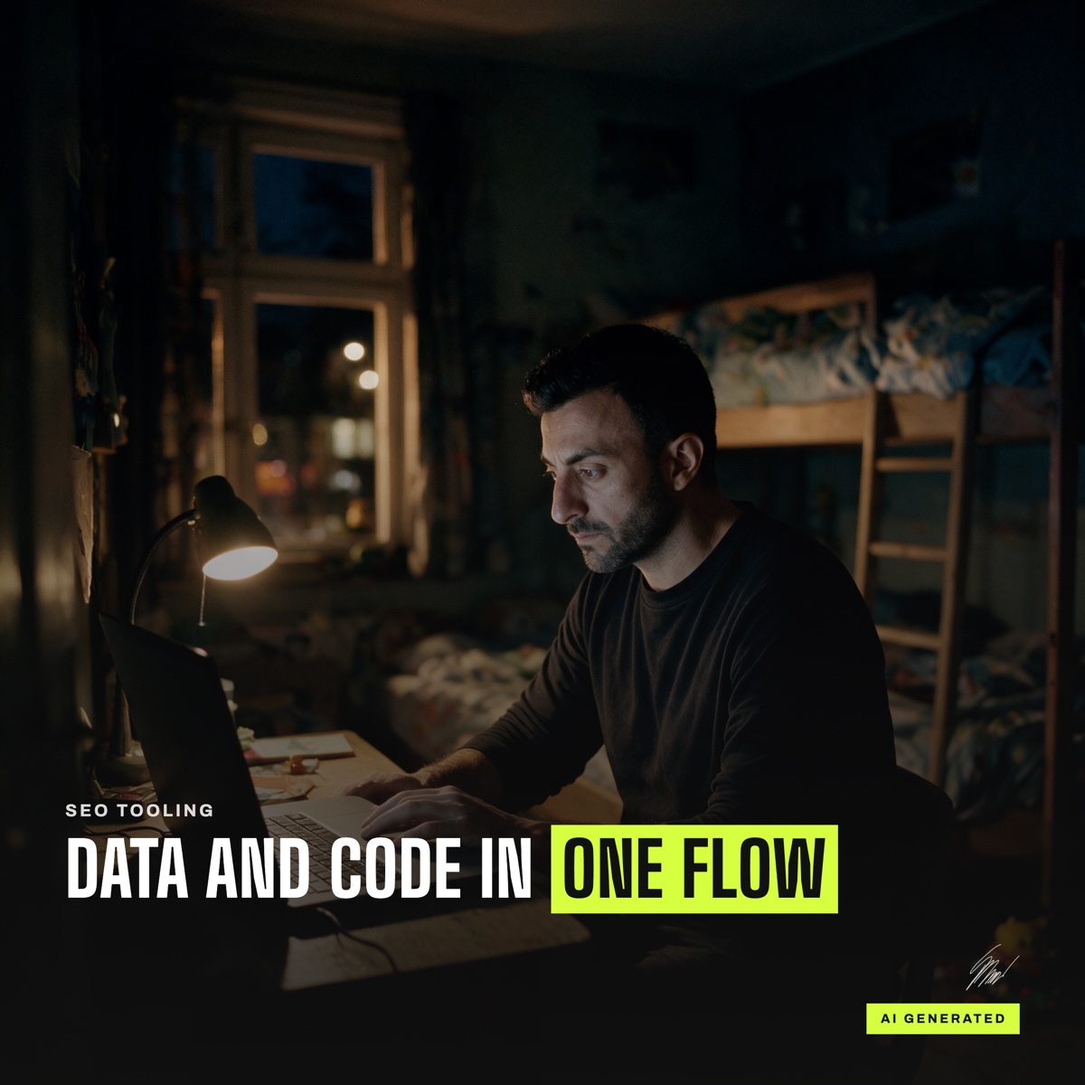 Man working on a laptop at night in a kids' room, caption line: data and code in one flow