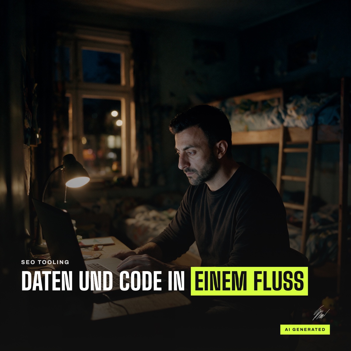 Mann arbeitet nachts am Laptop in einem Kinderzimmer, Bildzeile: Daten und Code in einem Fluss