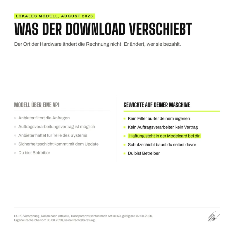 Vergleich: was der Anbieter über eine API trägt und was auf der eigenen Maschine bei dir bleibt