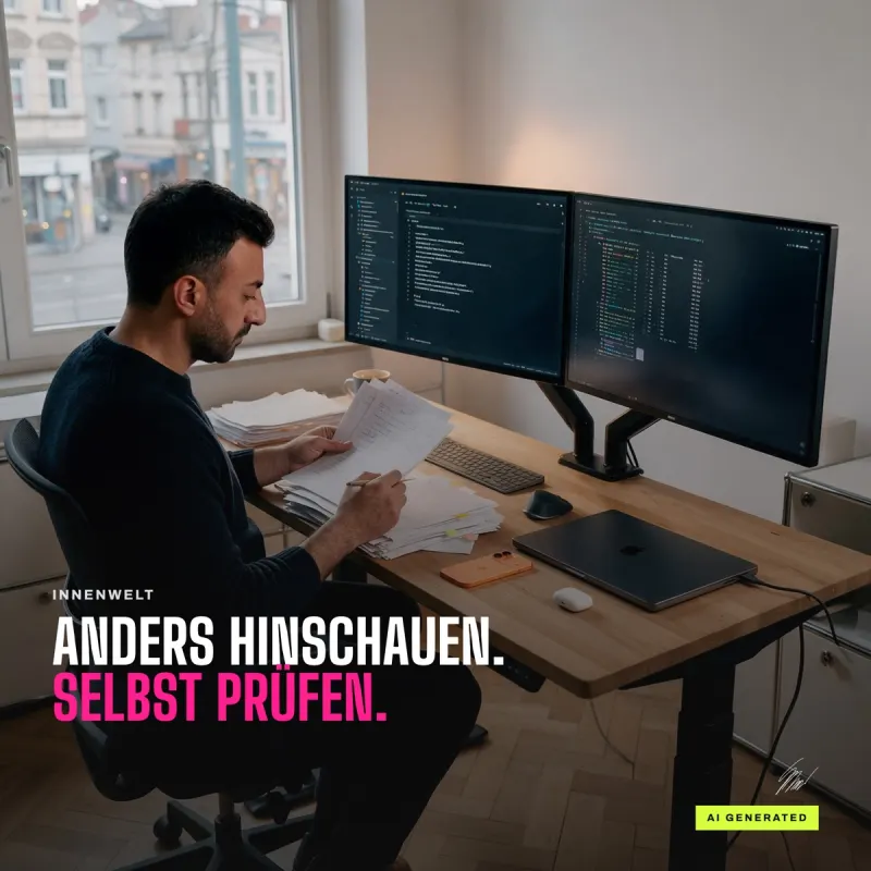 Kemal Duran am Schreibtisch mit einem Stapel ausgedruckter Seiten mit Notizzetteln, einen Bleistift in der Hand, darüber die Zeile Anders hinschauen. Selbst prüfen.