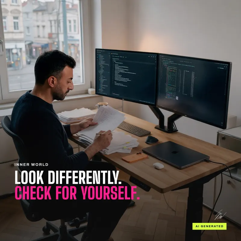 Kemal Duran at his desk with a stack of printed pages and sticky tabs, a pencil in his hand, above it the line Look differently. Check for yourself.