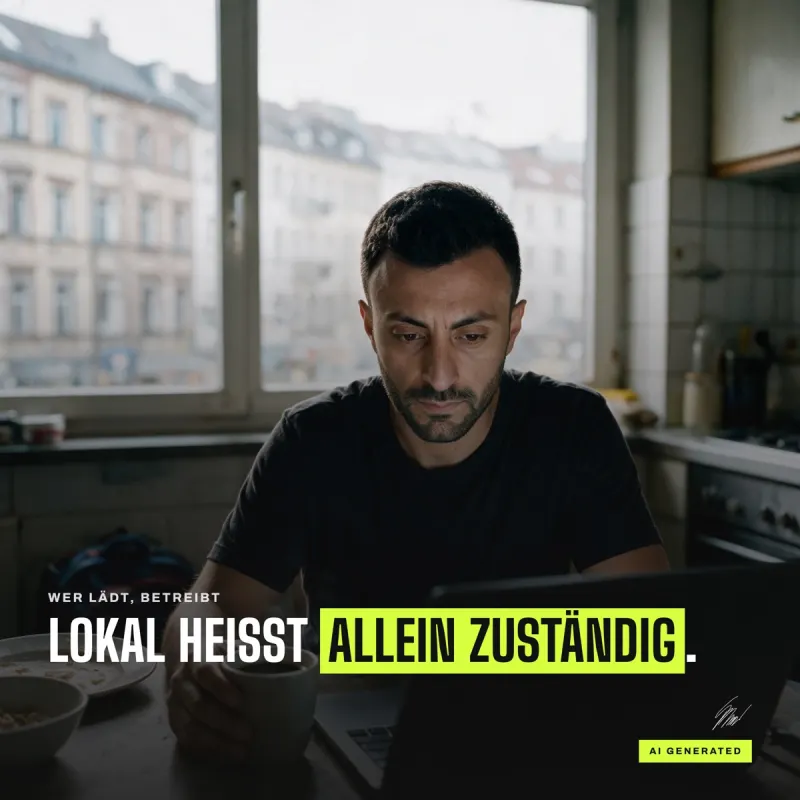 Kemal Duran am Küchentisch vor einem MacBook, Kaffeetasse in der Hand, darüber die Zeile Lokal heißt allein zuständig