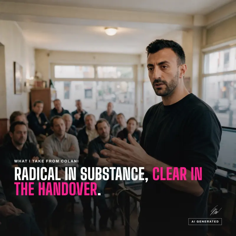 Kemal Duran explaining something to a small group, above it the line Radical in substance, clear in the handover