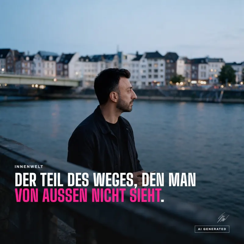 Kemal Duran am Rheinufer in der Dämmerung, darüber die Zeile Der Teil des Weges, den man von außen nicht sieht